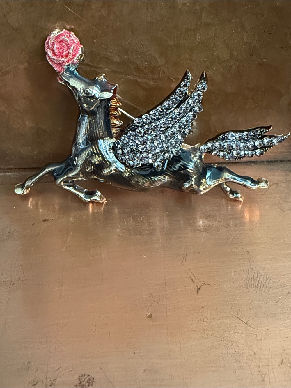 Rhinestone Winged Horse Brooch in Gunmetal and Pink